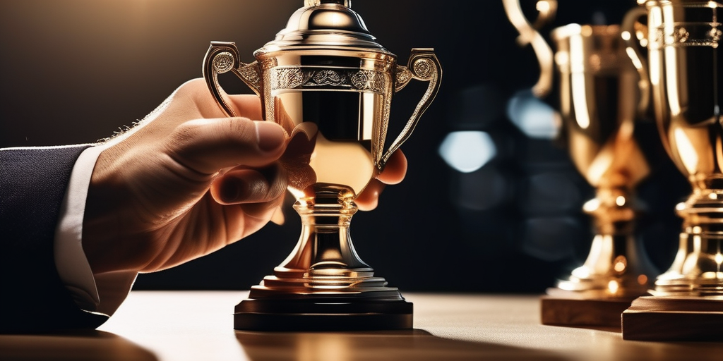 Рука тянется к трофею на платформе социальных сетей.