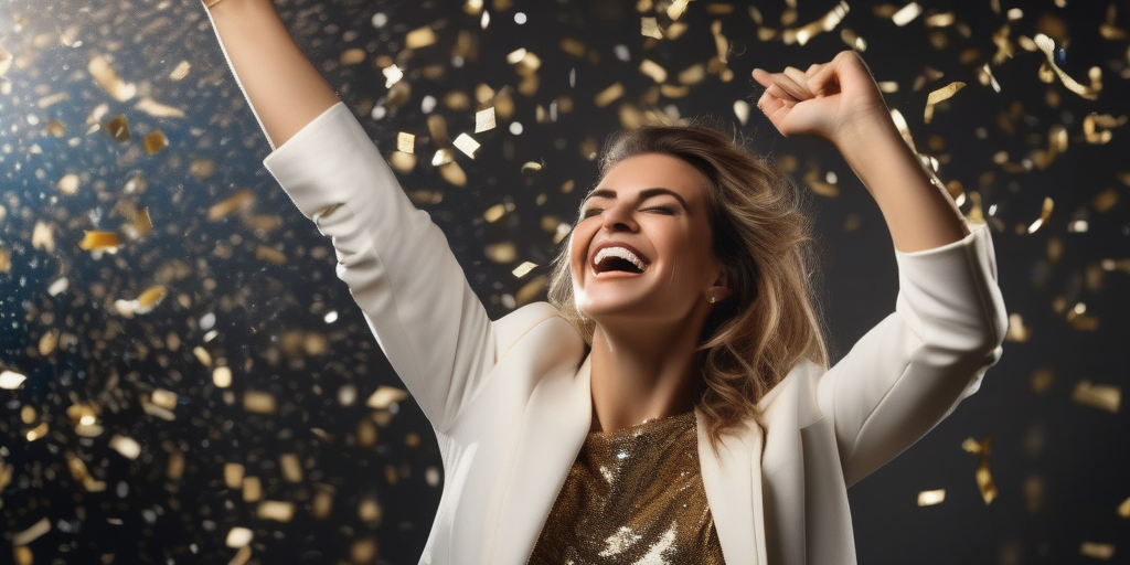 Человек празднует успех, символизирующий позитивный результат создания контента.