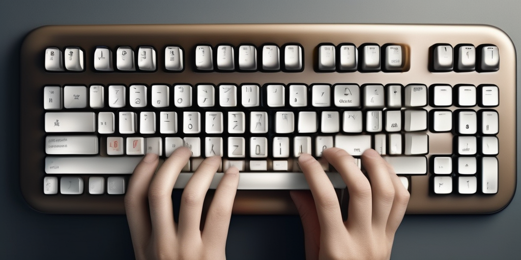 Рука печатает на клавиатуре, с плавающими иконками ключевых слов и поисковых систем.