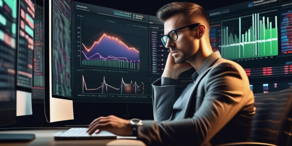 Цифровой маркетолог, озабоченно смотрящий на экран с данными и графиками, подчеркивая необходимость SEO-аудита.