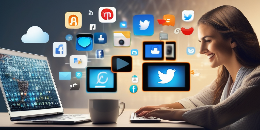 Человек радостно работает на ноутбуке, окруженный иконками социальных сетей, представляющими онлайн-заработок.