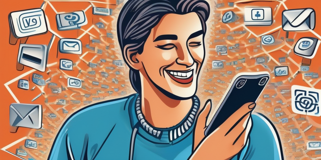 Человек счастливо кликает по ссылкам на телефоне, фон - логотип ВКонтакте.