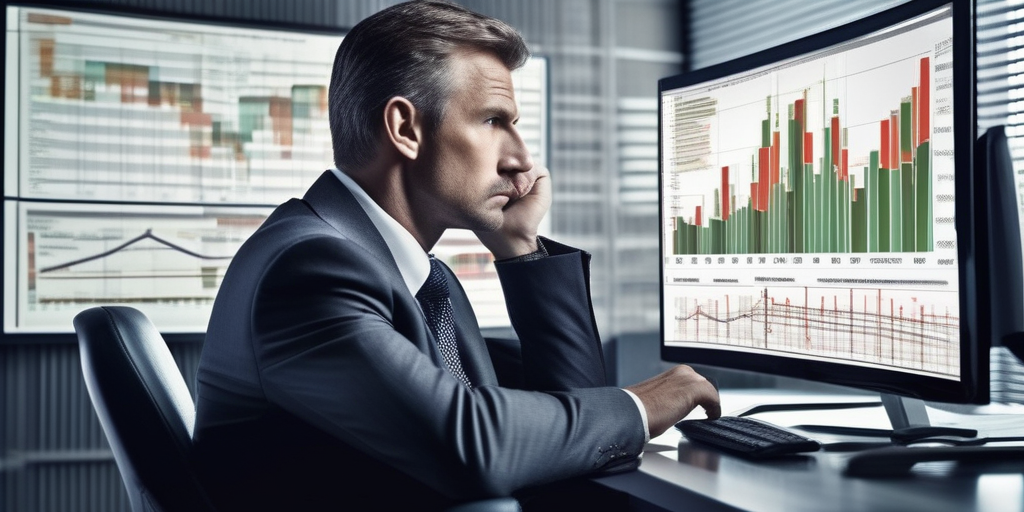 Расстроенный бизнесмен смотрит на экран компьютера с графиками падения продаж.