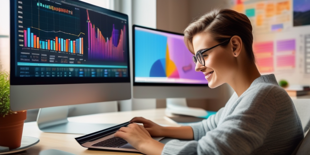 Молодой человек работает на ноутбуке, окруженный мотивационными постерами и диаграммами