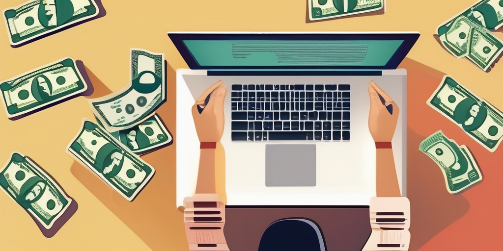 Счастливый человек работает за ноутбуком, окруженный деньгами и графиками, символизирует успех в онлайн-заработке