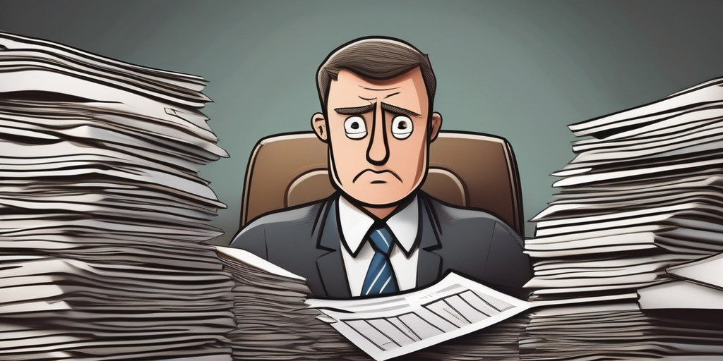 Мультяшный бизнесмен, выглядящий обеспокоенным, окруженный юридическими документами