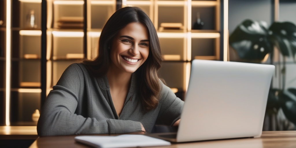 Человек улыбается, глядя на экран ноутбука с положительным балансом