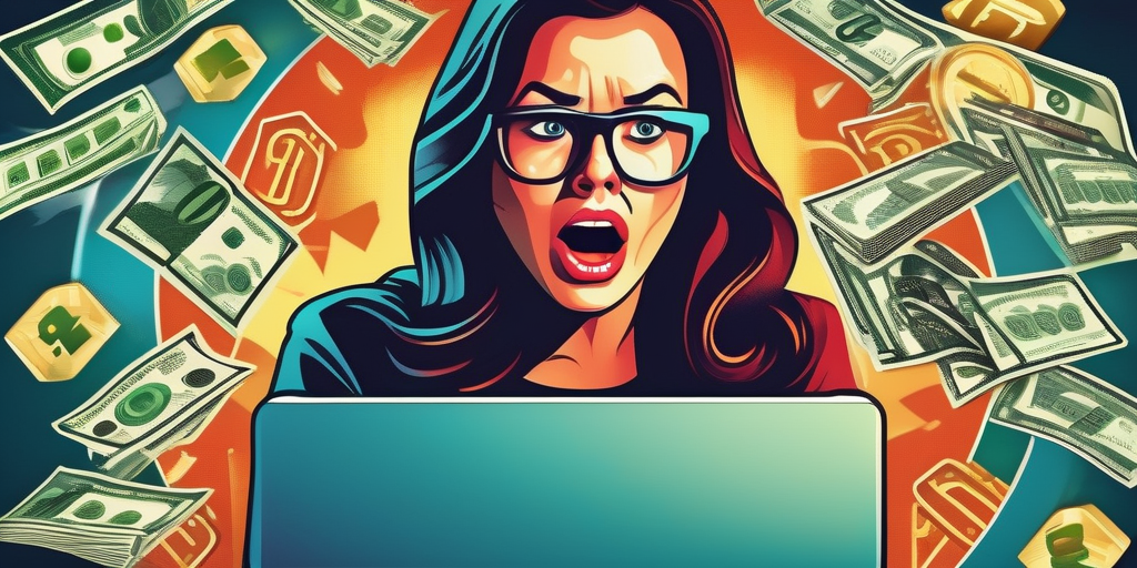 Начинающий смотрит на экран ноутбука с растерянным и восторженным выражением лица, окруженный иконками денег и символами интернета.