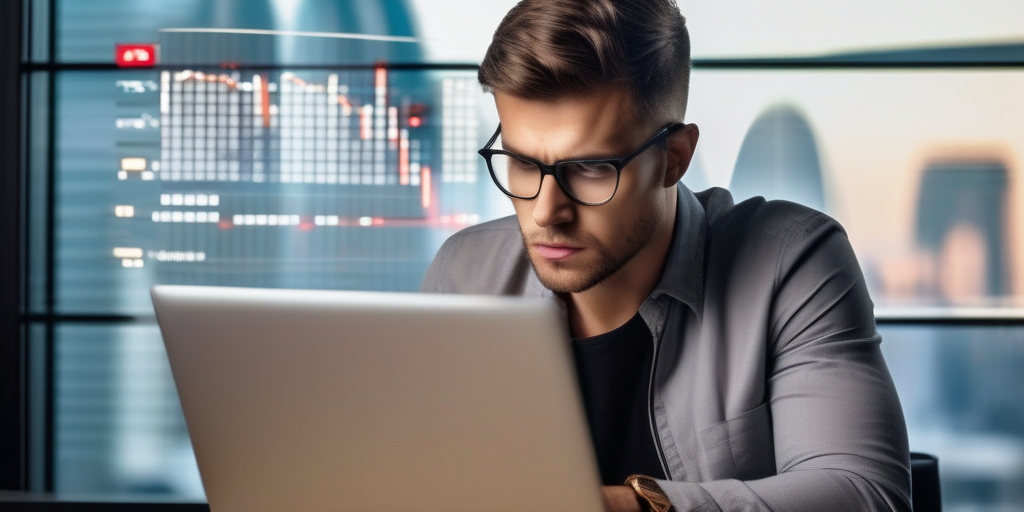 Человек с решительным выражением лица смотрит на экран ноутбука с графиками онлайн-заработка.