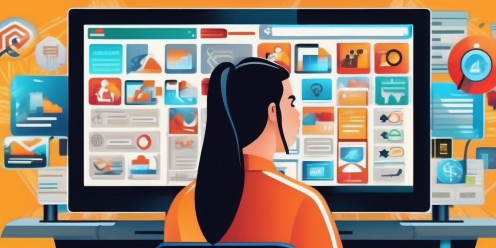 Молодой человек сосредоточенно смотрит на экран компьютера с рекламными объявлениями.