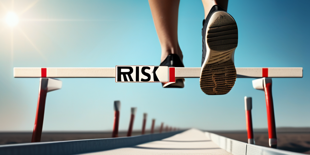 Человек уверенно перепрыгивает через барьер «Риск»