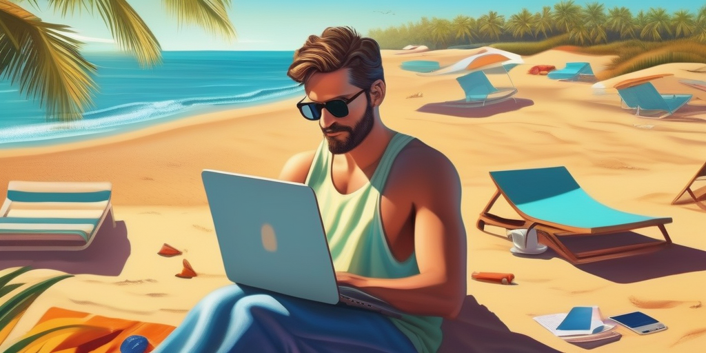Человек отдыхает на виртуальном пляже, просматривая сайты на ноутбуке