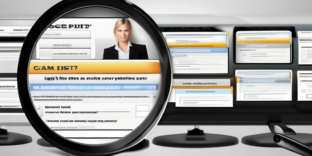 Лупа, фокусирующаяся на списке сайтов онлайн-опросов, показывающая процесс выбора надежного сайта.