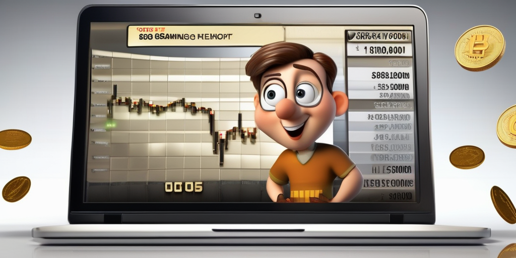 Мультяшный персонаж радостно считает монеты перед экраном ноутбука с графиком заработка.