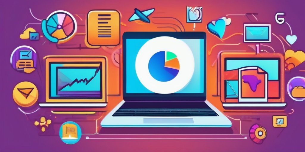 Человек с улыбкой работает на ноутбуке, окруженный иконками онлайн задач.