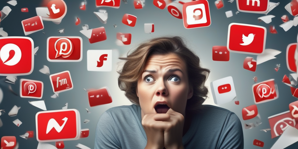 Иллюстрация расстроенного человека, окруженного роем уведомлений в социальных сетях.