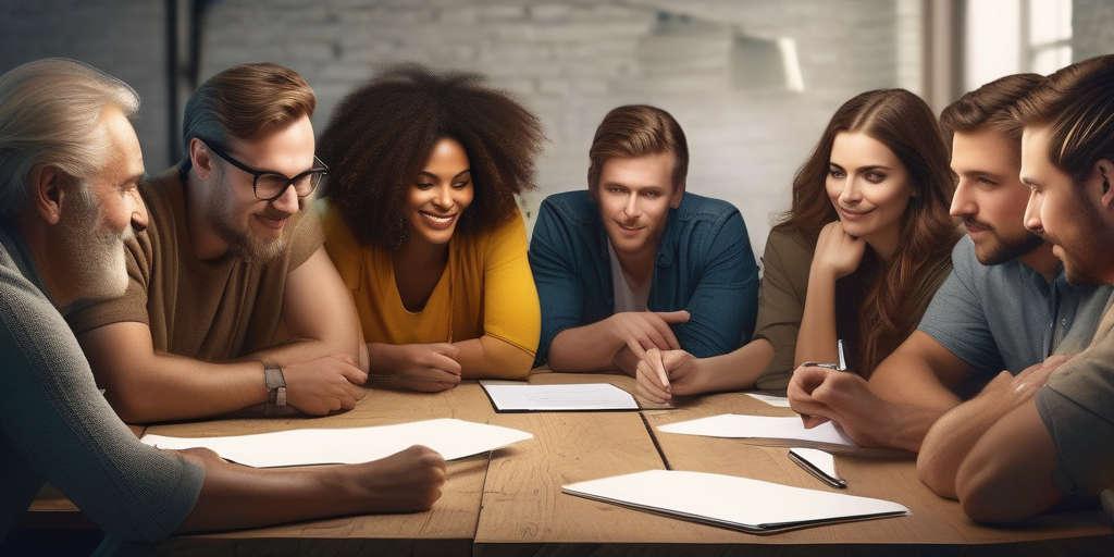 Группа людей, совместно работающая над проектом, дружелюбная обстановка.
