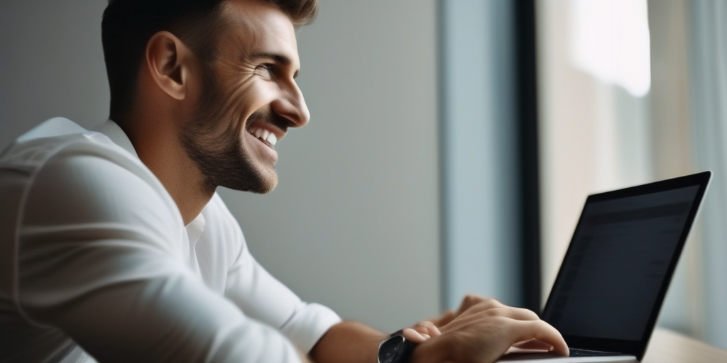 Человек смотрит на ноутбук с довольным лицом