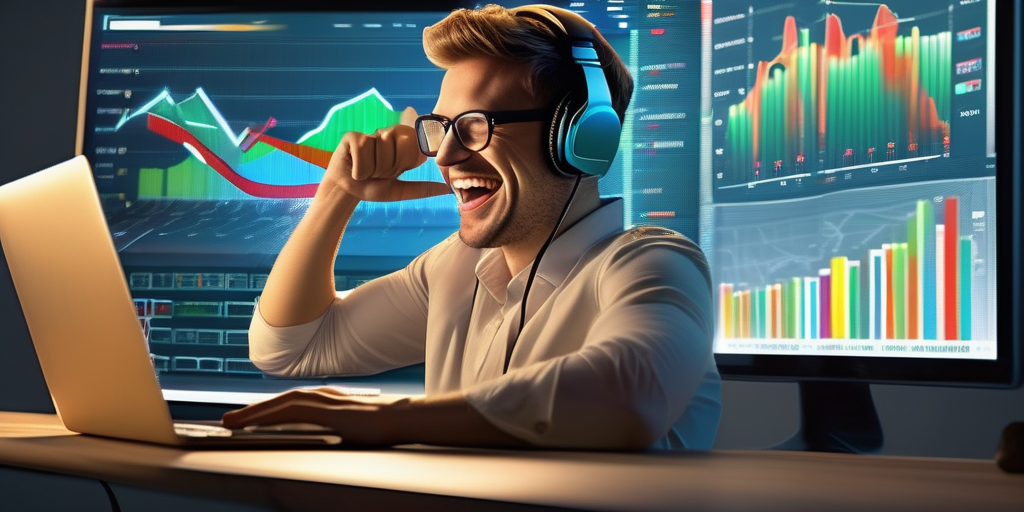 Человек, радующийся росту трафика на экране ноутбука