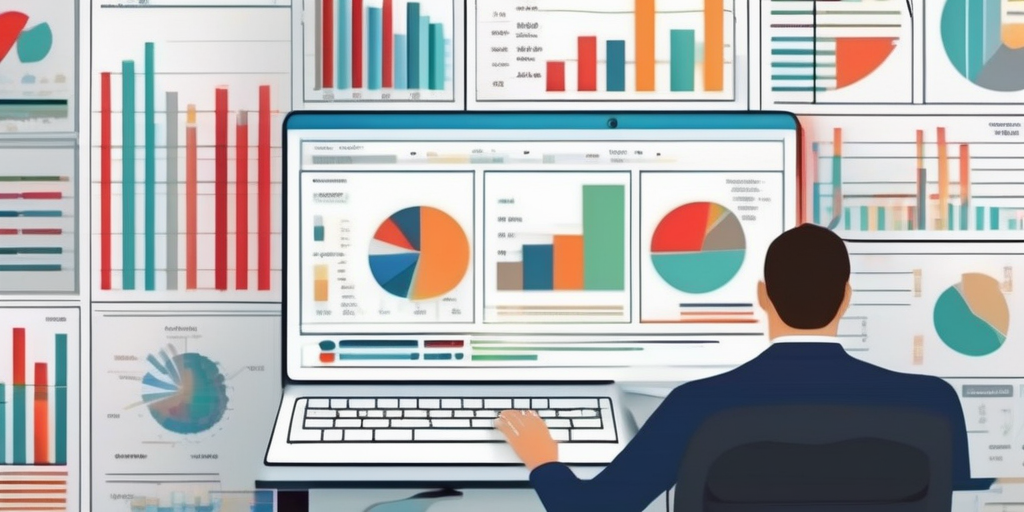 Человек работает на ноутбуке, окруженный графиками и диаграммами, символизирующими анализ данных и онлайн-опросы.