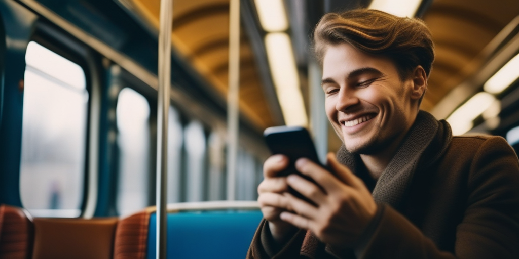 Девушка использует телефон в поезде.