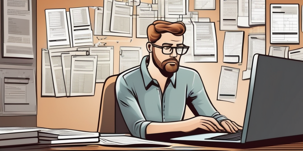 Человек в замешательстве смотрит на ноутбук с анкетами.