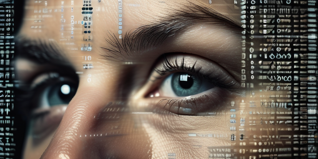 Крупный план озадаченного лица, наложенный на символы онлайн-мошенничества и вводящей в заблуждение информации.