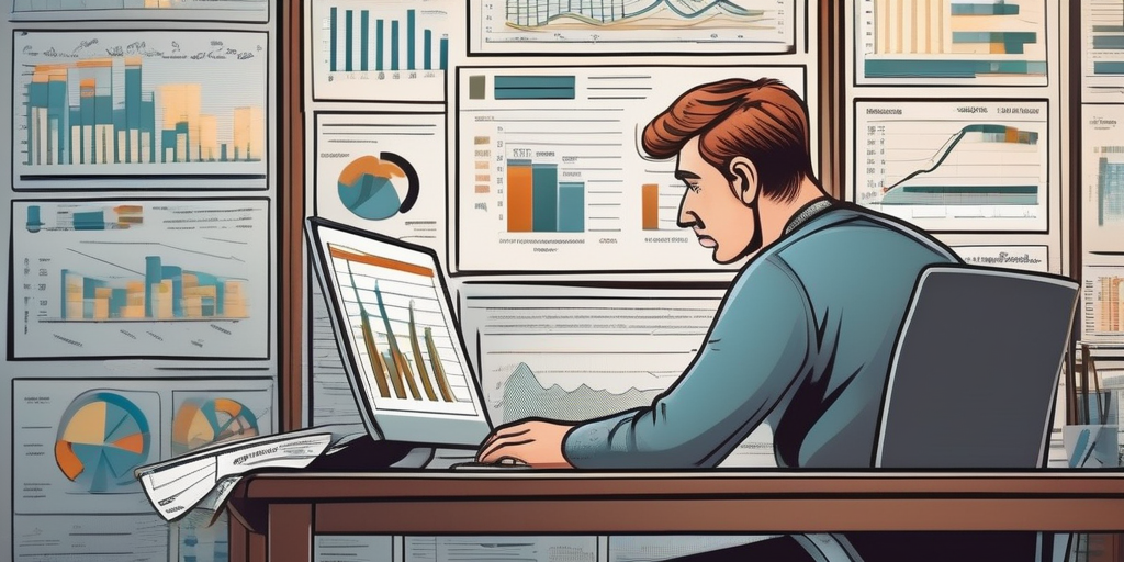 Мультяшный персонаж с озадаченным выражением лица смотрит на экран с графиками, показывая трудности онлайн-рекламы.