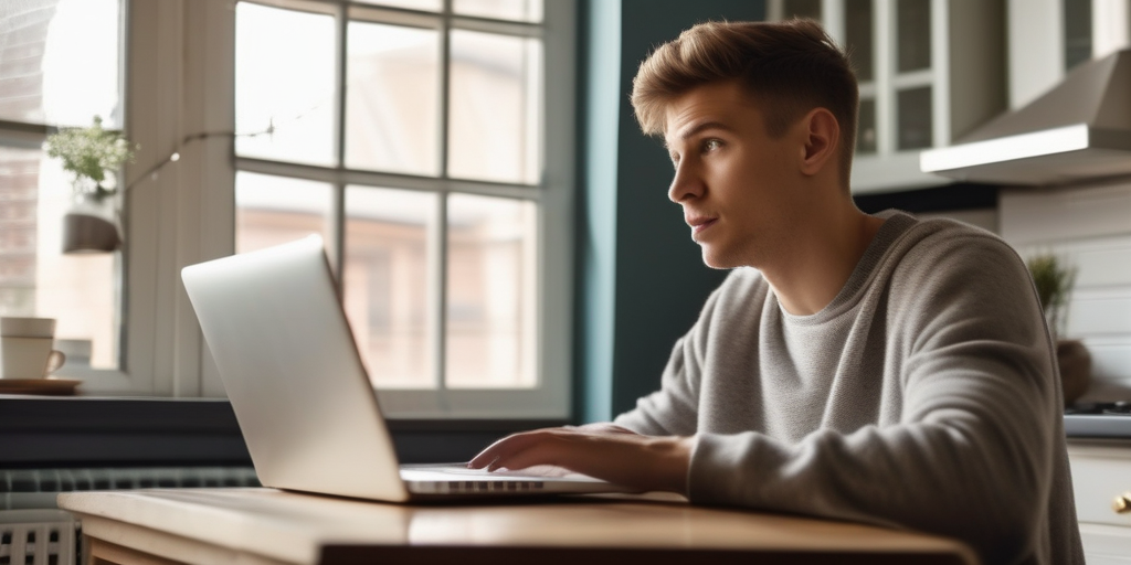 Молодой человек использует ноутбук, демонстрируя радость от онлайн заработка.