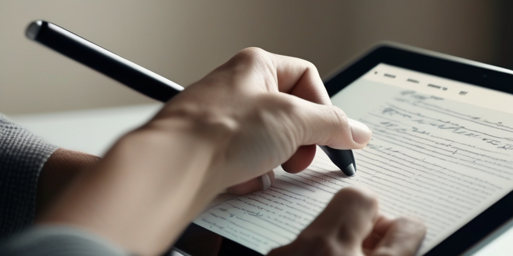 Рука пишет детальный отзыв на планшете.