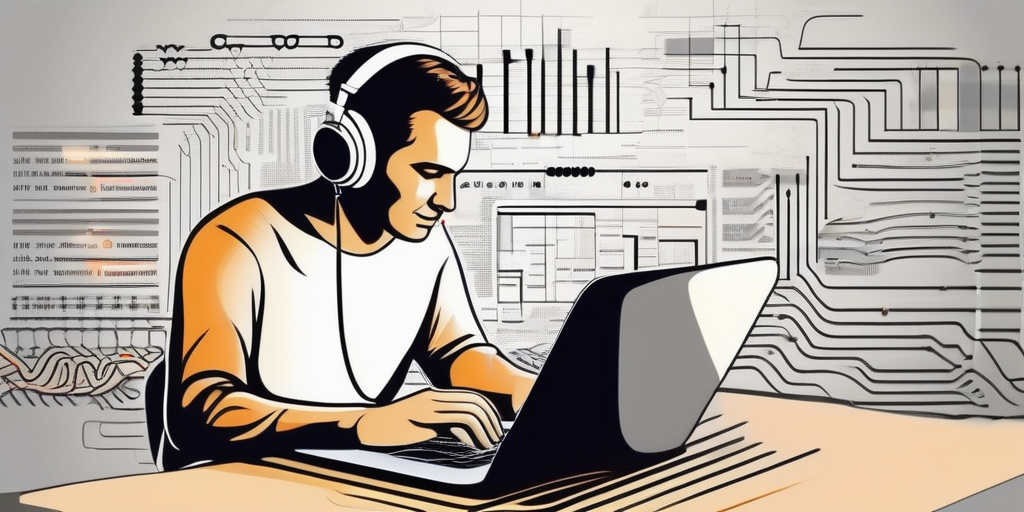 Человек работает за ноутбуком, расшифровывая аудио