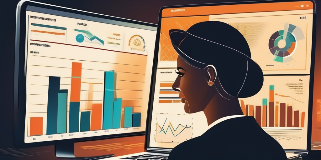 Иллюстрация человека, работающего за ноутбуком, с графиками и диаграммами, символизирующими онлайн-маркетинг.