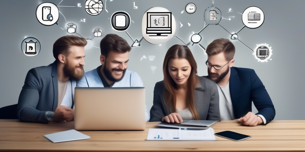 Группа людей проводит онлайн-брейншторминг, с иконками различных стратегий монетизации.