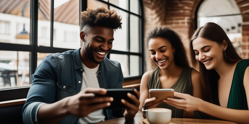 Группа молодых людей, зарабатывающих онлайн в кафе