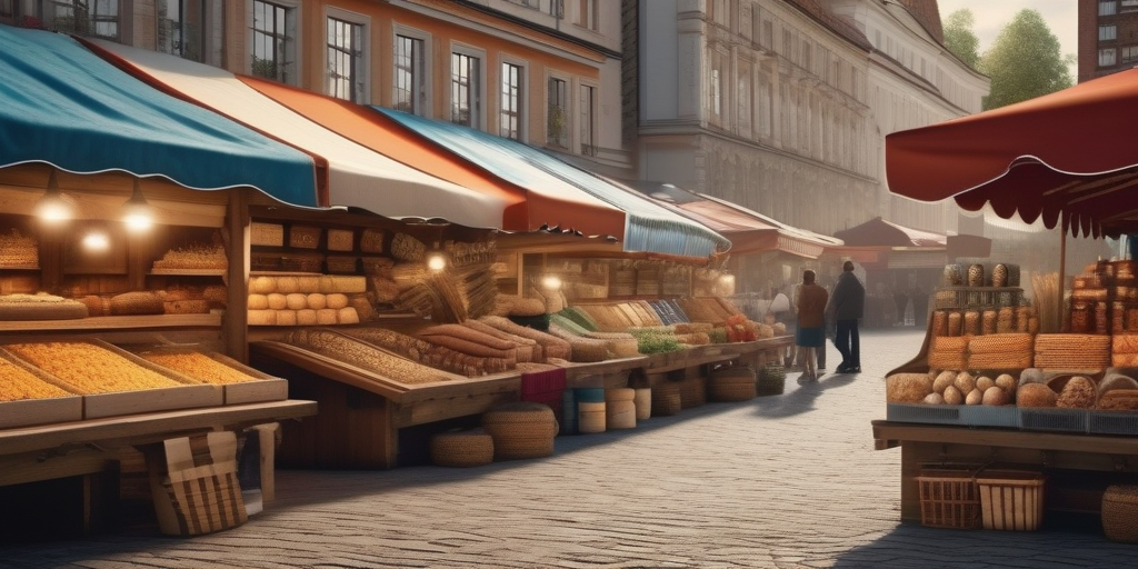 Вид рынка с различными товарами, которые можно обозревать.