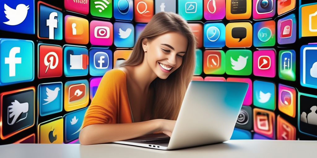 Молодой человек радостно работает за ноутбуком, окруженный иконками социальных сетей.