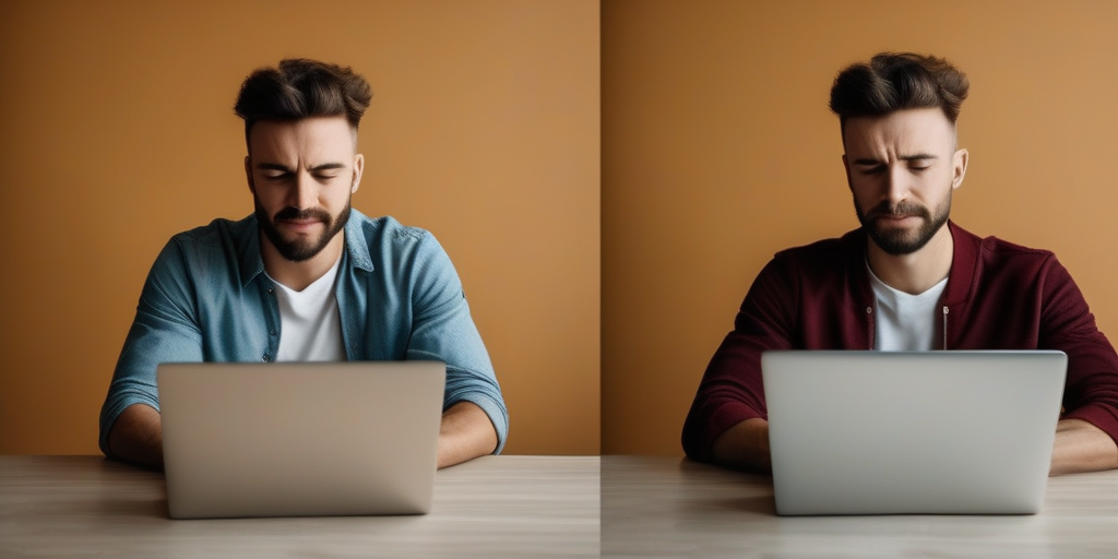 Разделенный экран: человек с одной стороны выглядит подавленным и перегруженным, а с другой - расслаблен и улыбается, работая удаленно за ноутбуком.