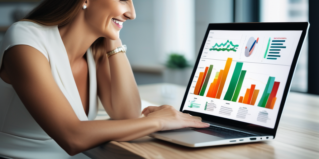 Человек счастливо работает за ноутбуком, окруженный диаграммами и графиками, показывающими положительный рост дохода