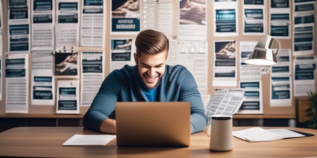 Вебмастер, работающий за ноутбуком и достигающий успеха.