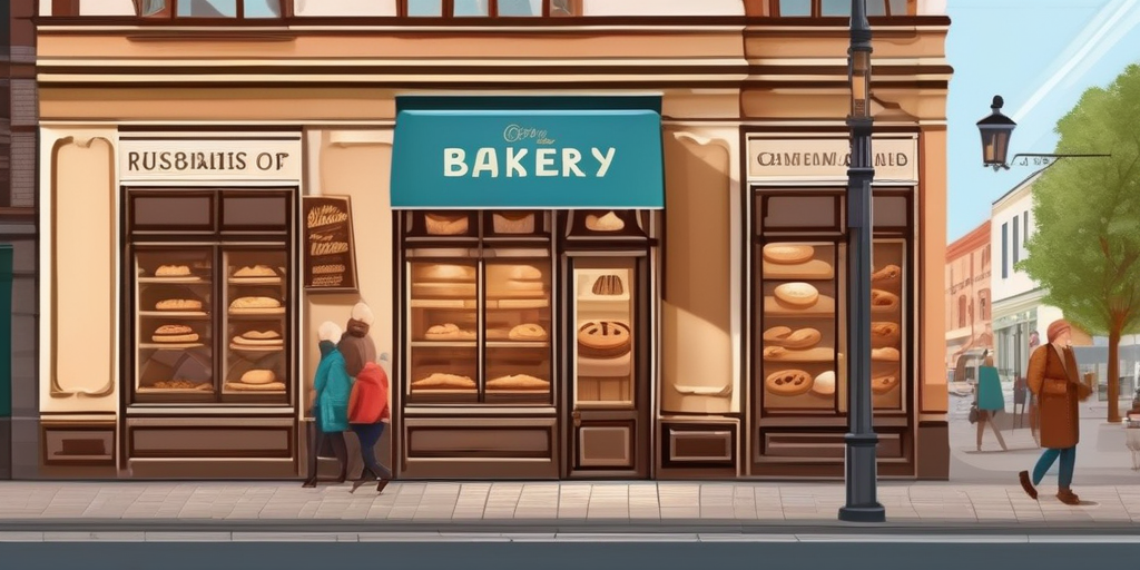 Иллюстрация пекарни с яркой вывеской и людьми, входящими внутрь.