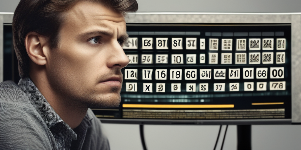 Человек в замешательстве смотрит на экран компьютера с цифрами и символами, иллюстрация сложностей с выводом средств