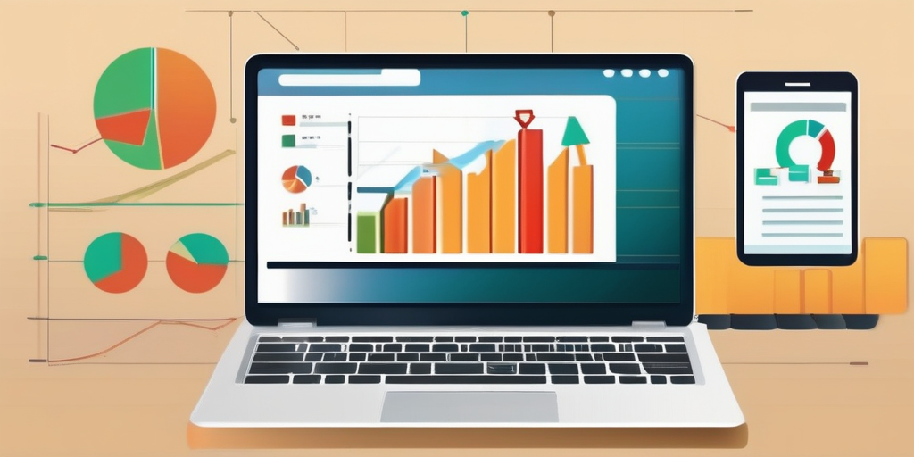 Человек счастливо держит ноутбук и смотрит на график роста прибыли, иллюстрация успеха в онлайн-заработке