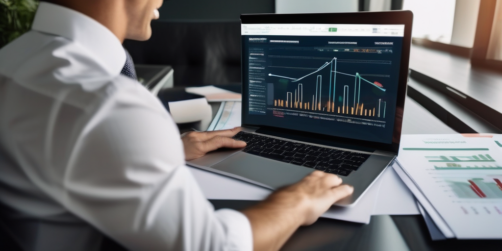Счастливый человек, смотрящий на ноутбук с графиками финансового успеха.