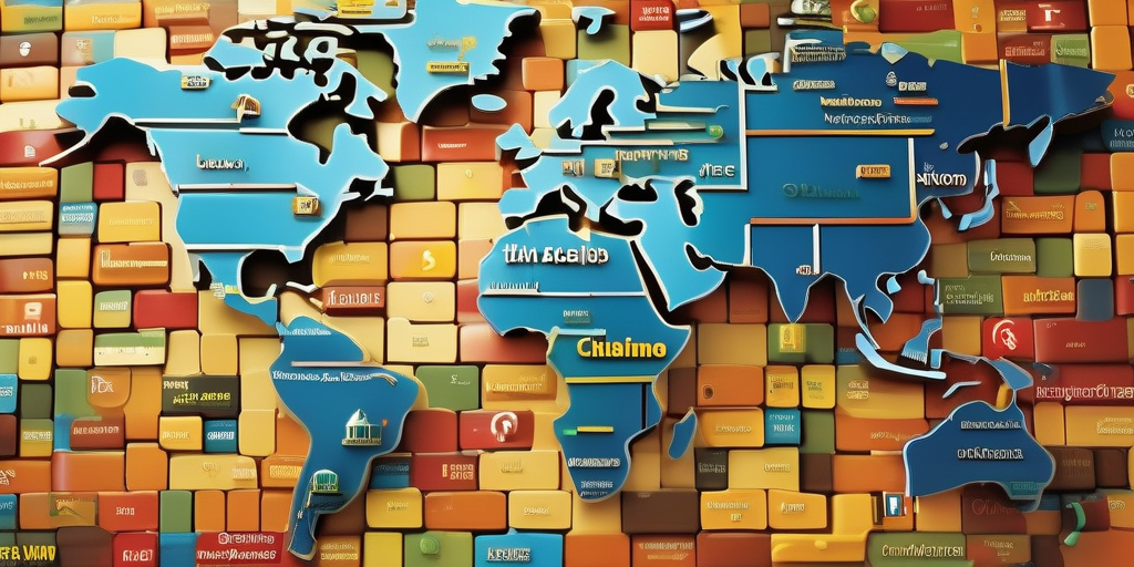 Стилизованная карта мира с доменами, символизирующая глобальные онлайн-возможности.