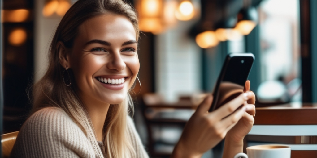 Молодая девушка работает с телефоном в кафе