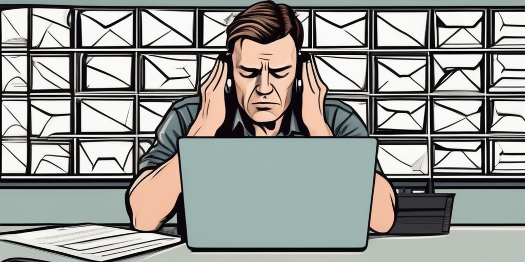 Расстроенный человек перед ноутбуком, пытающийся продвинуть Telegram-канал.