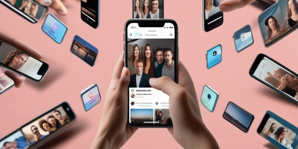 Человек смотрит на телефон, видя социальный тренд с участием многих людей.