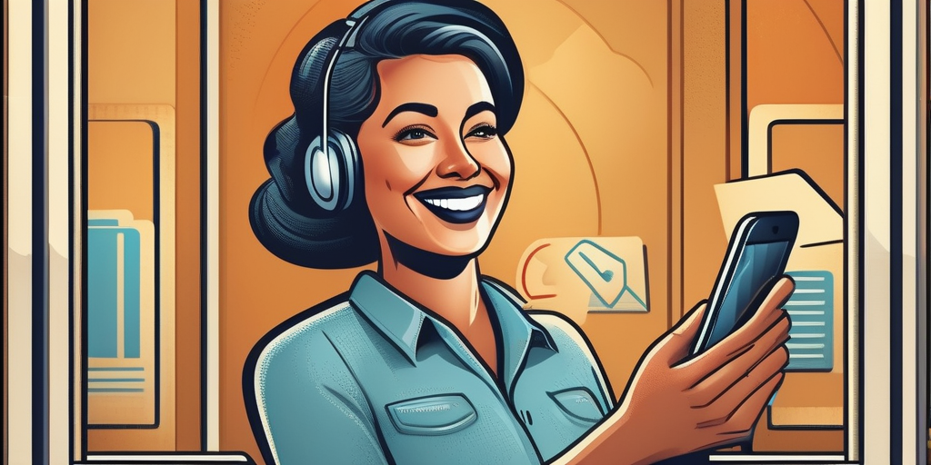 Иллюстрация человека, улыбающегося и держащего телефон с Telegram-каналом, имеющим большое количество подписчиков.