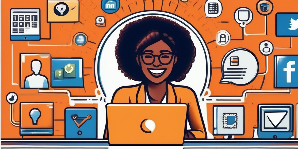 Человек работает на ноутбуке, окруженный иконками социальных сетей. Символизирует цифровой маркетинг и продвижение.