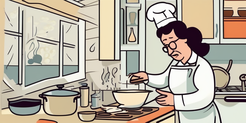 Человек с трудом готовит сложное блюдо, комическое выражение лица.